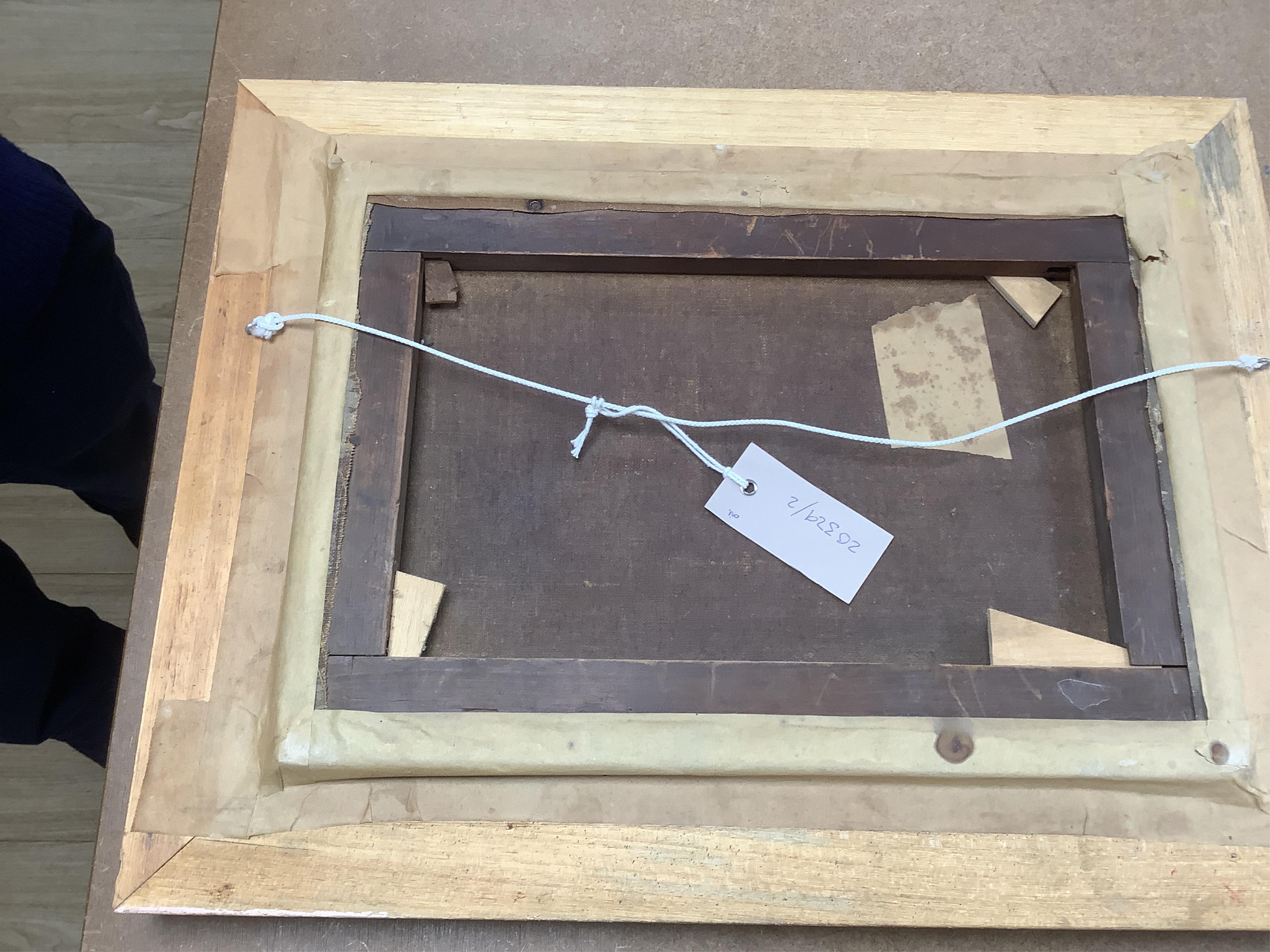 J. Langlois (1855-1904), Terriers rabbiting, signed, oil on canvas, gilt framed, 23 x 34cm